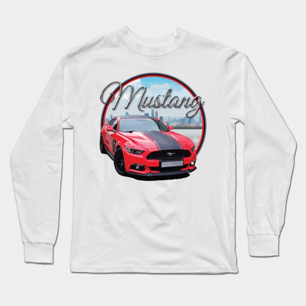 Red Mustang on city scape Long Sleeve T-Shirt by CamcoGraphics